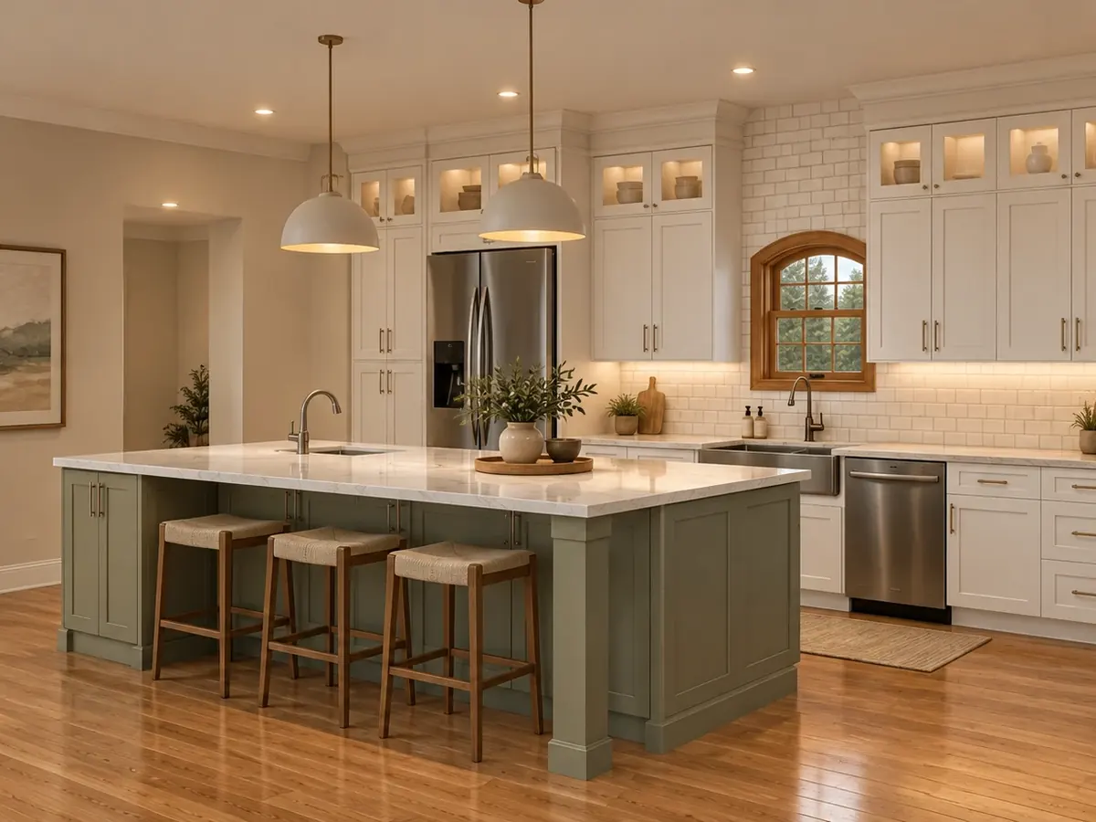 White shaker kitchen cabinets with a sage green island and white stone countertops
